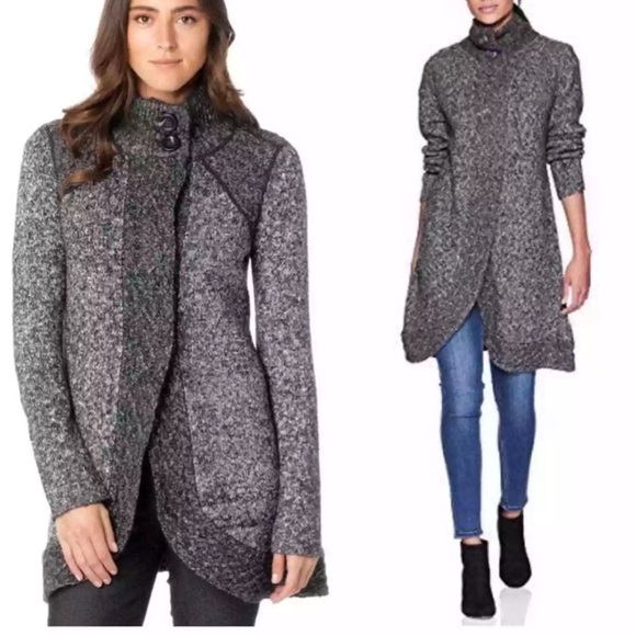 PrAna Angelica Long Gray Cardigan Coal Gray Sweater Snap/Button Contrasting Trim - Picture 1 of 16